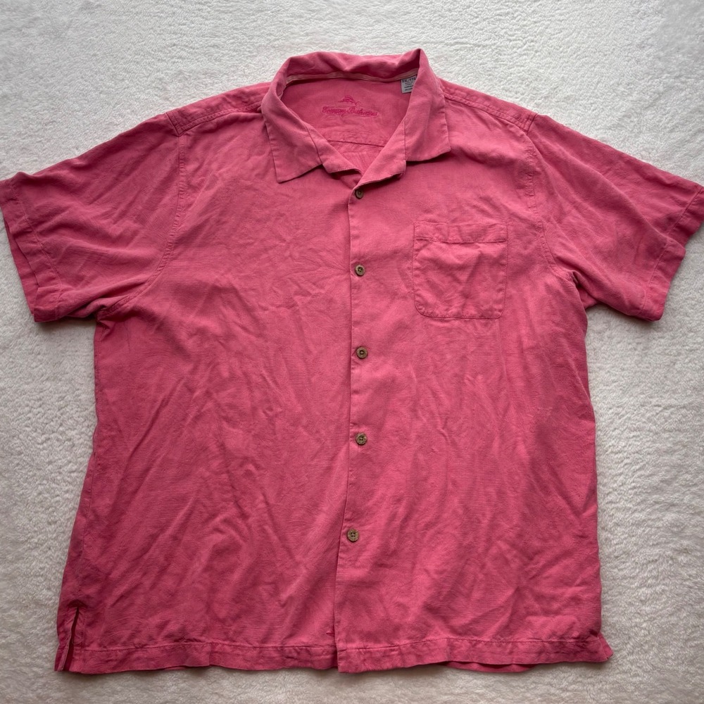 Tommy Bahama Mens XXL Salmon Pink 100% Silk Short Sleeve Button Up Camp Shirt